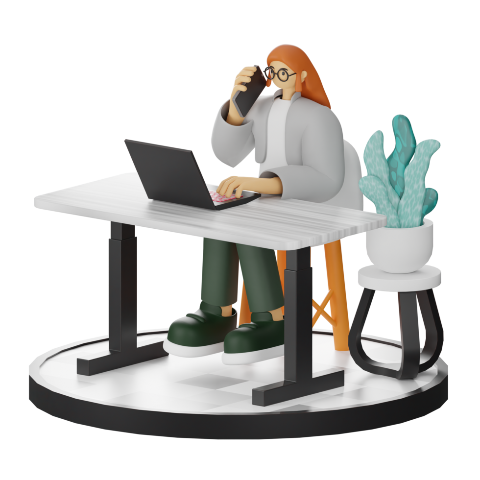 3D Illustration of a Teenage Female Programmer at the Computer Desk png