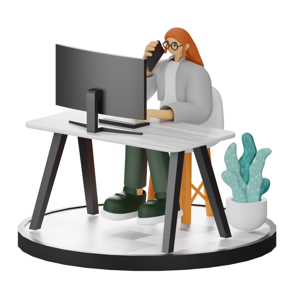 3D Illustration of a Teenage Female Programmer at the Computer Desk png