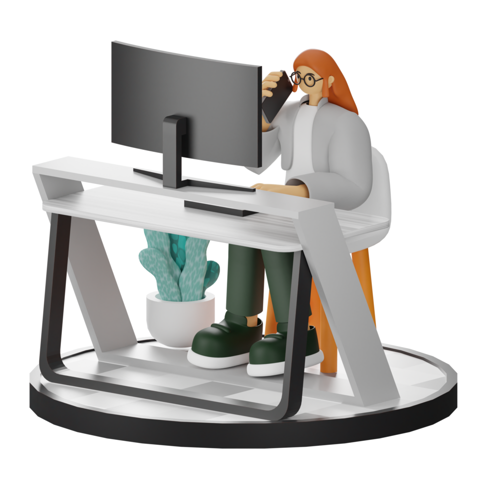 3D Illustration of a Teenage Female Programmer at the Computer Desk png