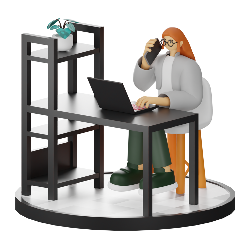 3D Illustration of a Teenage Female Programmer at the Computer Desk png