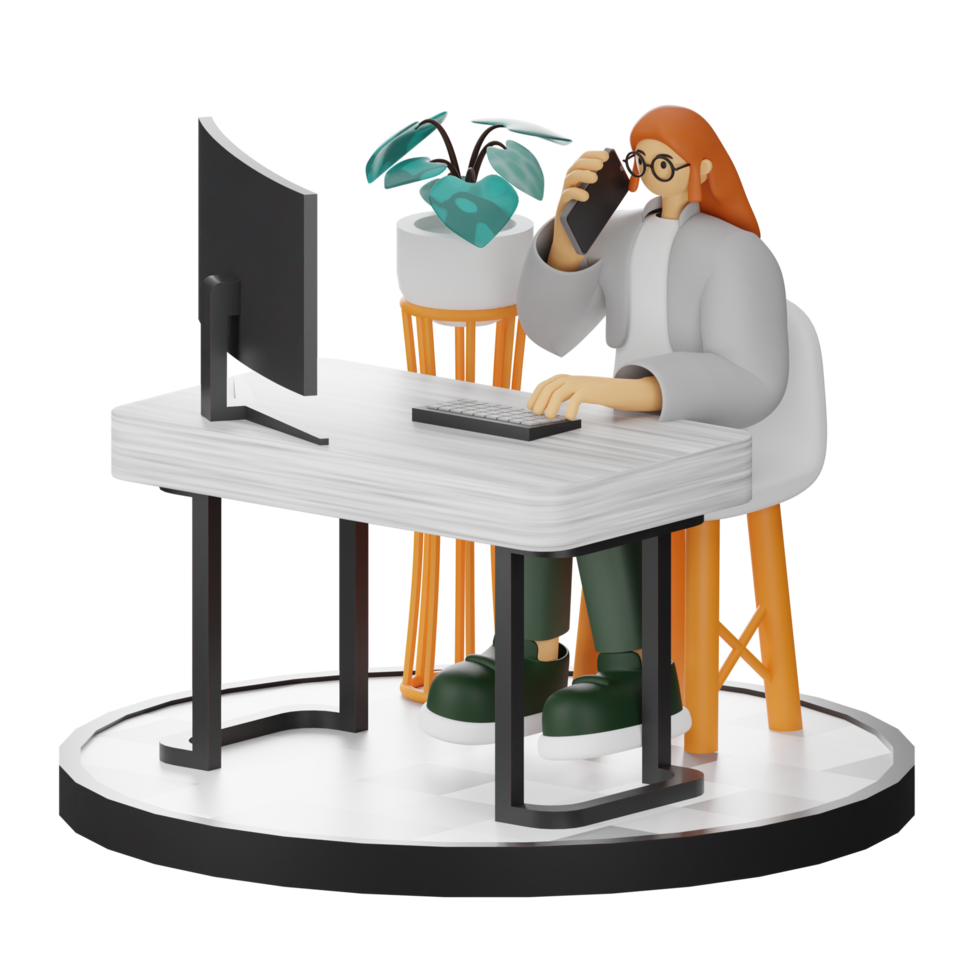 3D Illustration of a Teenage Female Programmer at the Computer Desk png