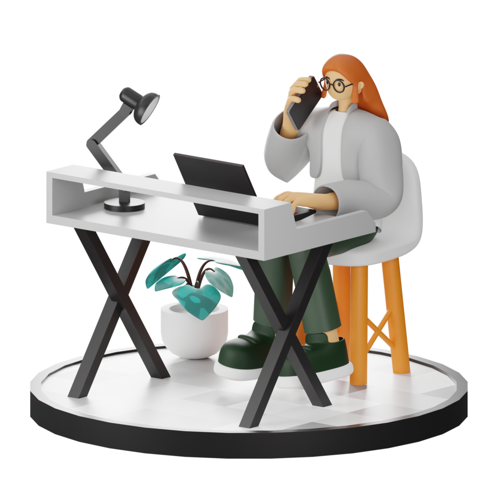 3D Illustration of a Teenage Female Programmer at the Computer Desk png