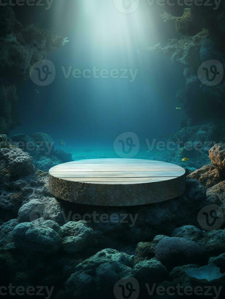 AI generated 3d rendered abstract empty display podium underwater made with stone Minimal scene for product display presentation photo
