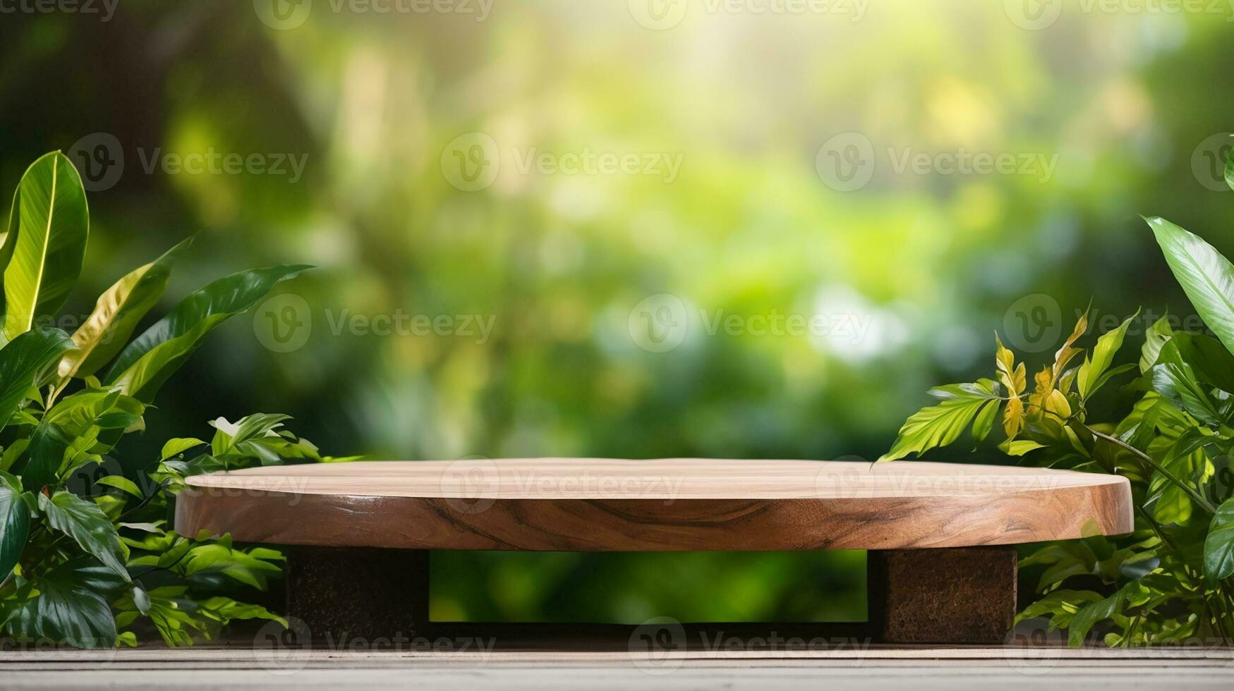 AI generated wooden product display podium with blurred nature leaves background Minimal scene for product display presentation photo