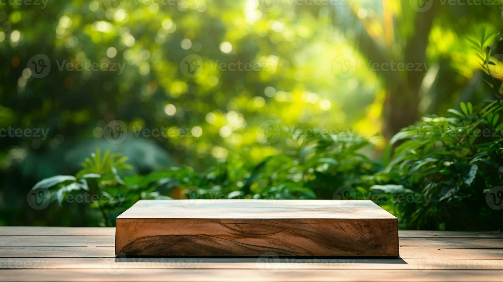 ai generado de madera producto monitor podio con borroso naturaleza hojas antecedentes mínimo escena para producto monitor presentación foto