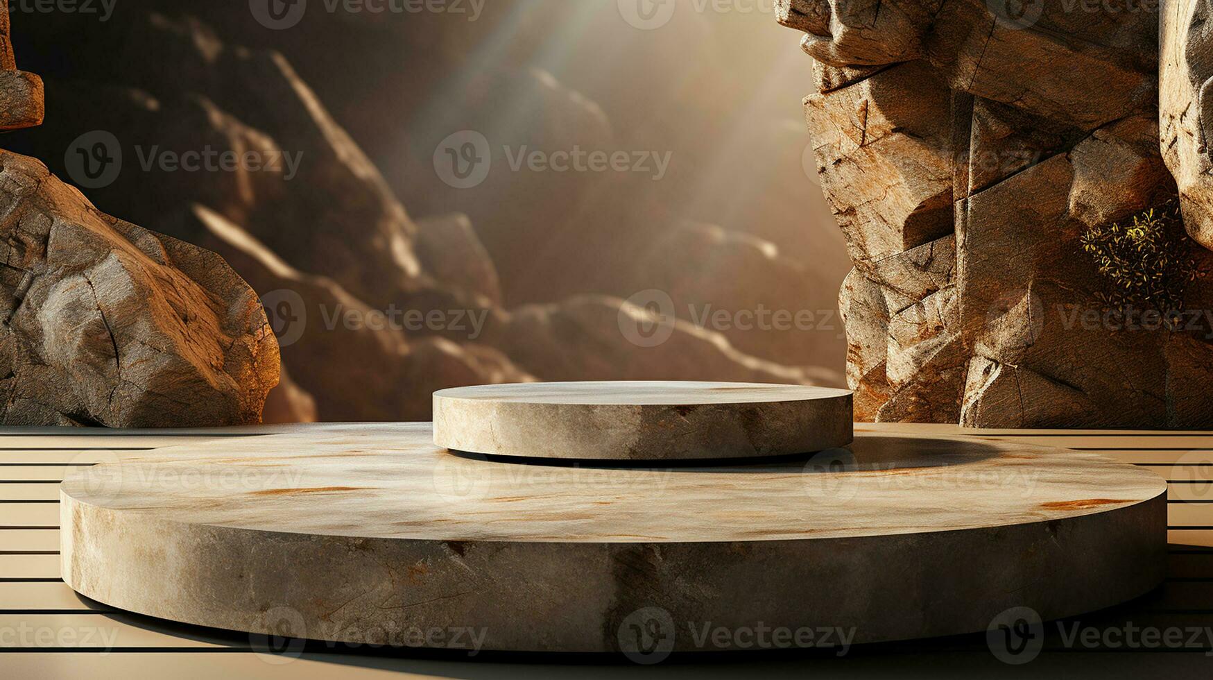 AI generated empty concrete natural stone podium for showing packaging and product on blurred background, copy space ,3d rendered photo