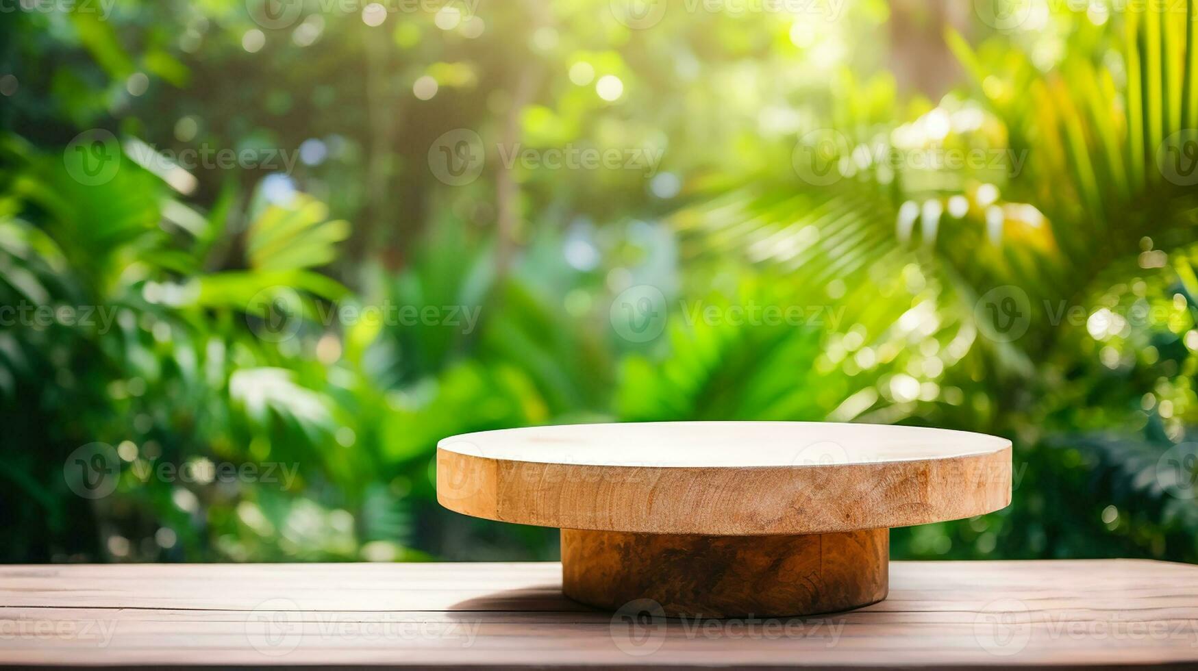 AI generated wooden product display podium with blurred nature leaves background Minimal scene for product display presentation photo