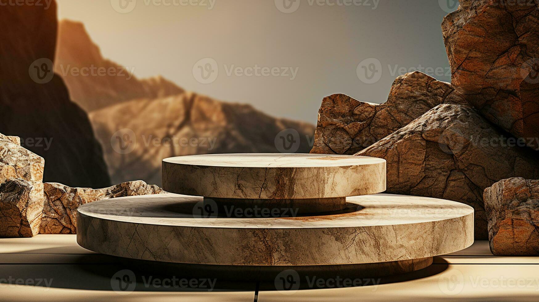 AI generated empty concrete natural stone podium for showing packaging and product on blurred background, copy space ,3d rendered photo