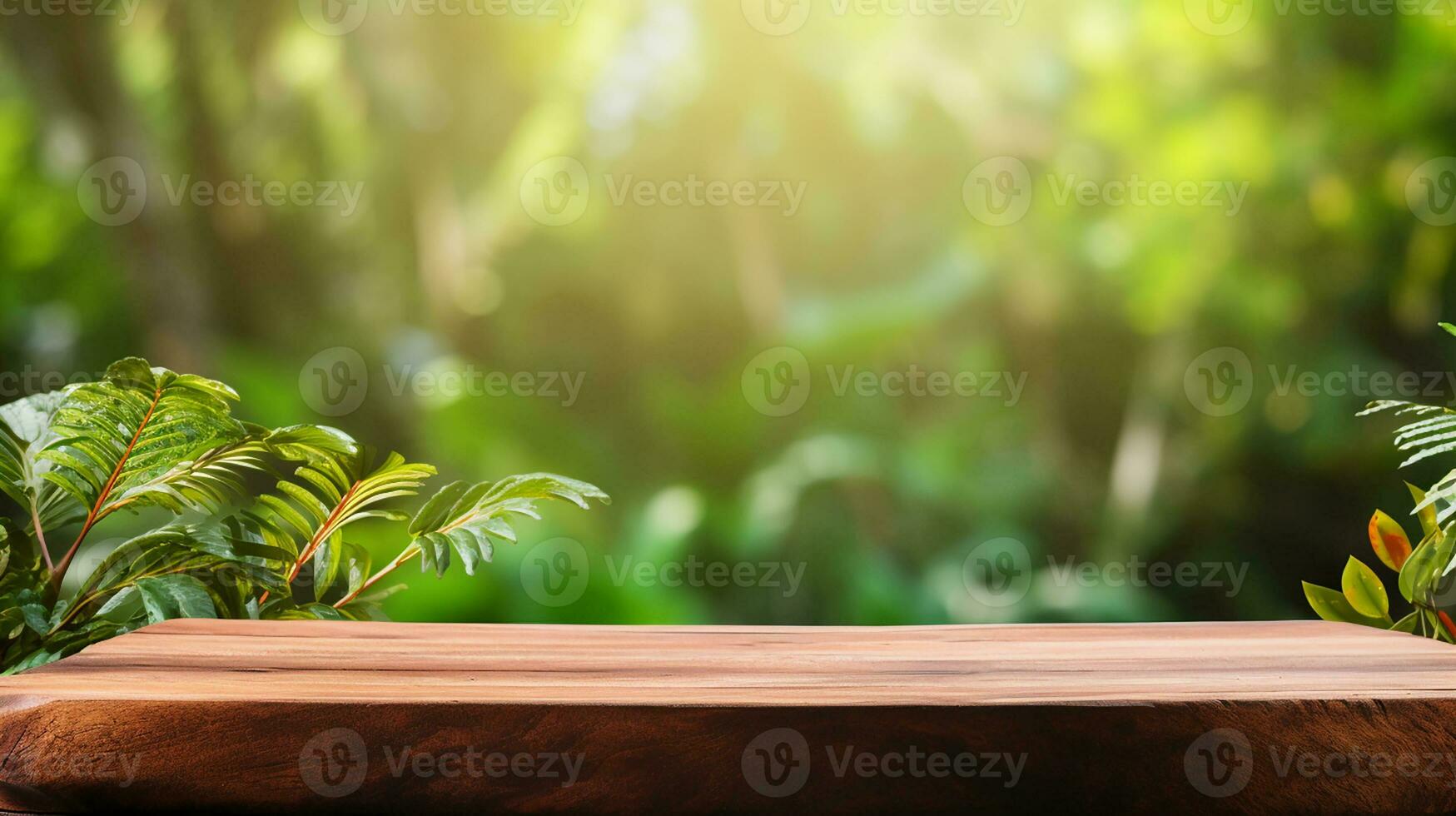 AI generated wooden product display podium with blurred nature leaves background Minimal scene for product display presentation photo