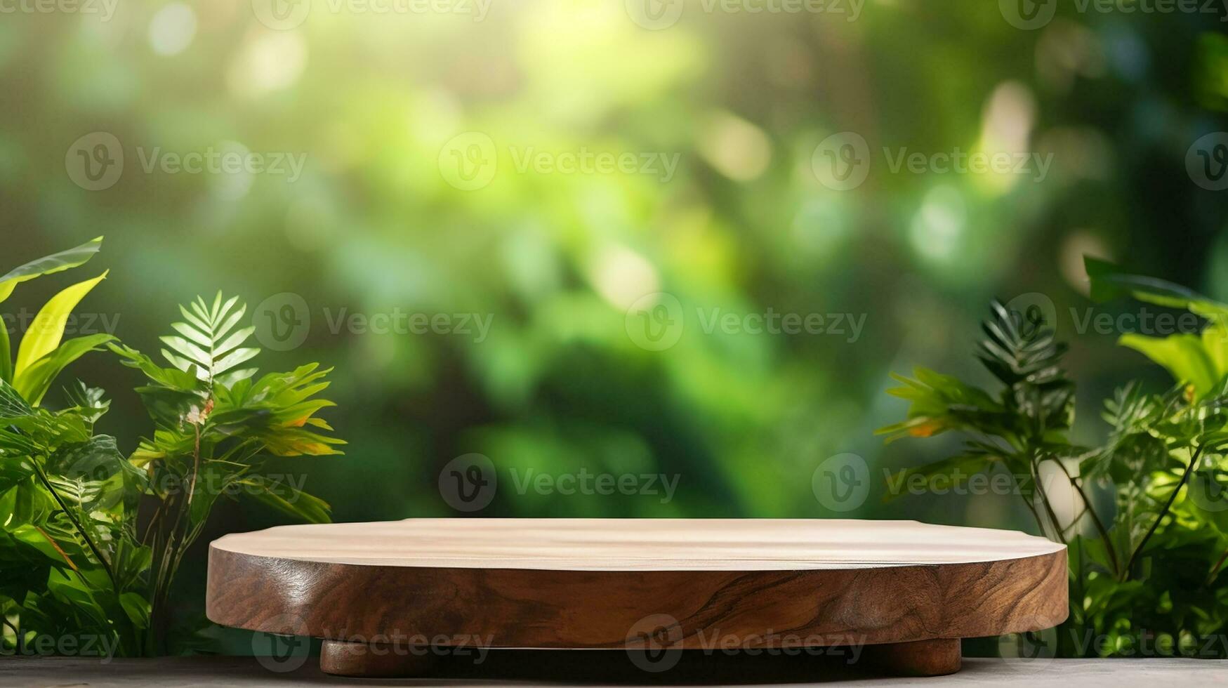 AI generated wooden product display podium with blurred nature leaves background Minimal scene for product display presentation photo