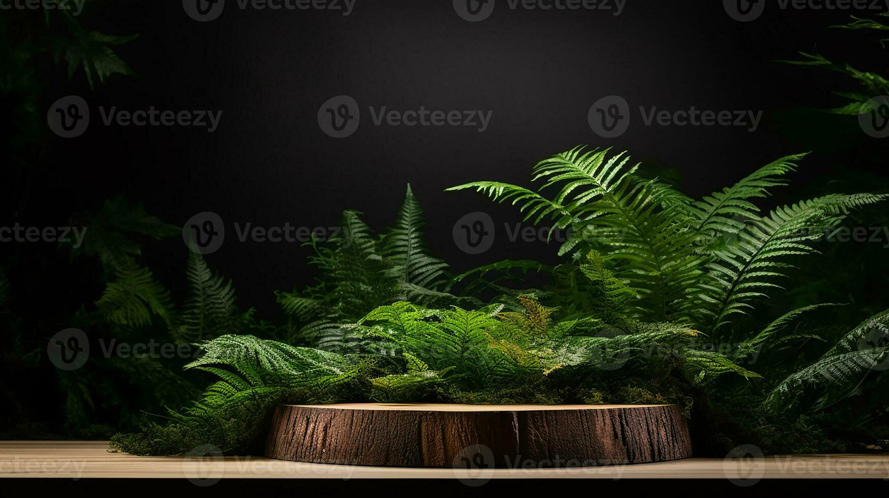 AI generated wooden product display podium with nature leaves background Minimal scene for product display presentation photo