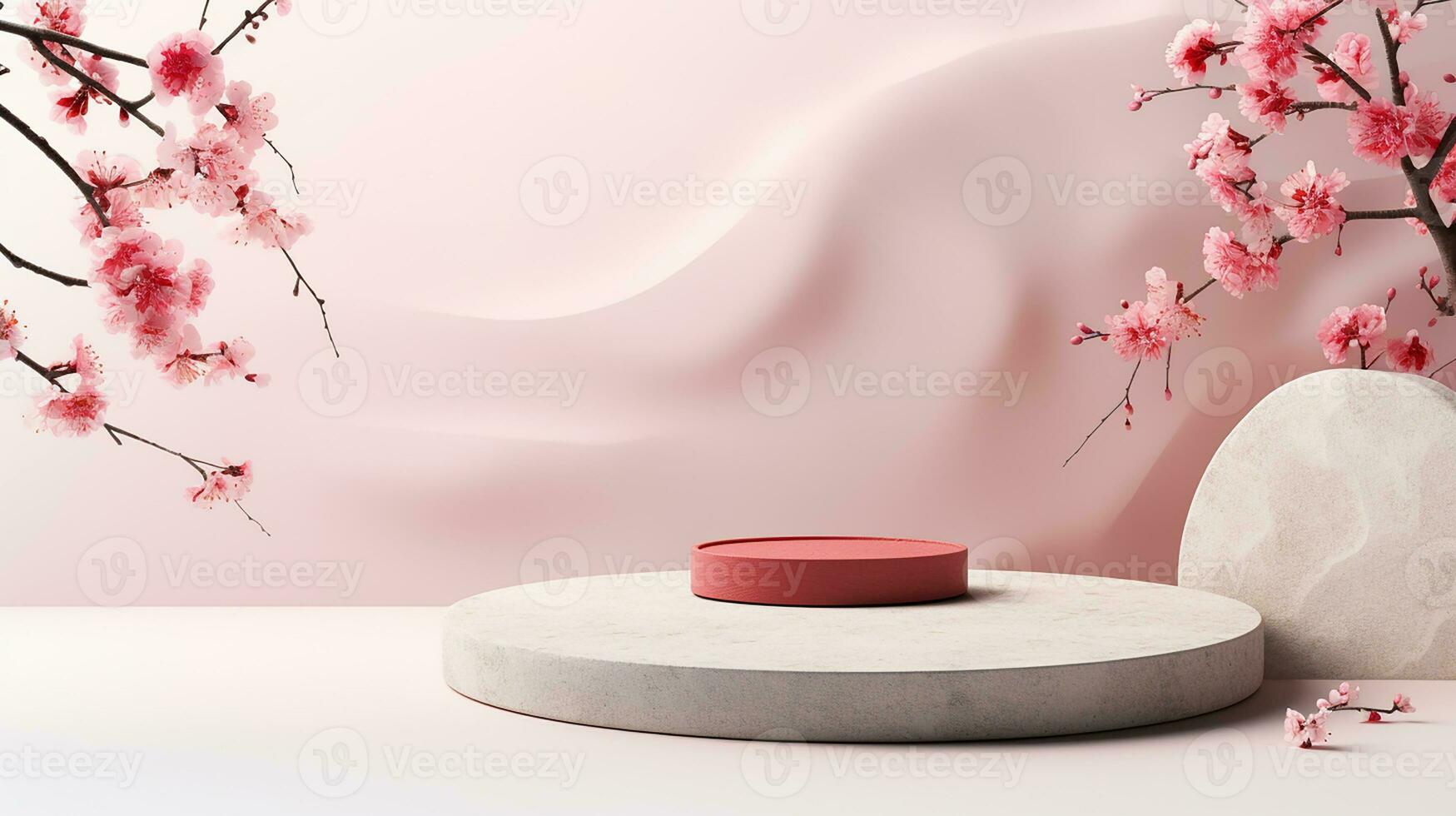 AI generated empty natural stone podium with flowers for showing packaging and product on blurred background, copy space ,3d rendered photo