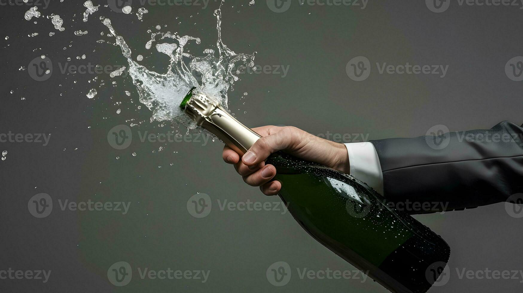 AI generated Businessman celebrates with splashing champagne. Christmas, New Year or Valentines day background. photo