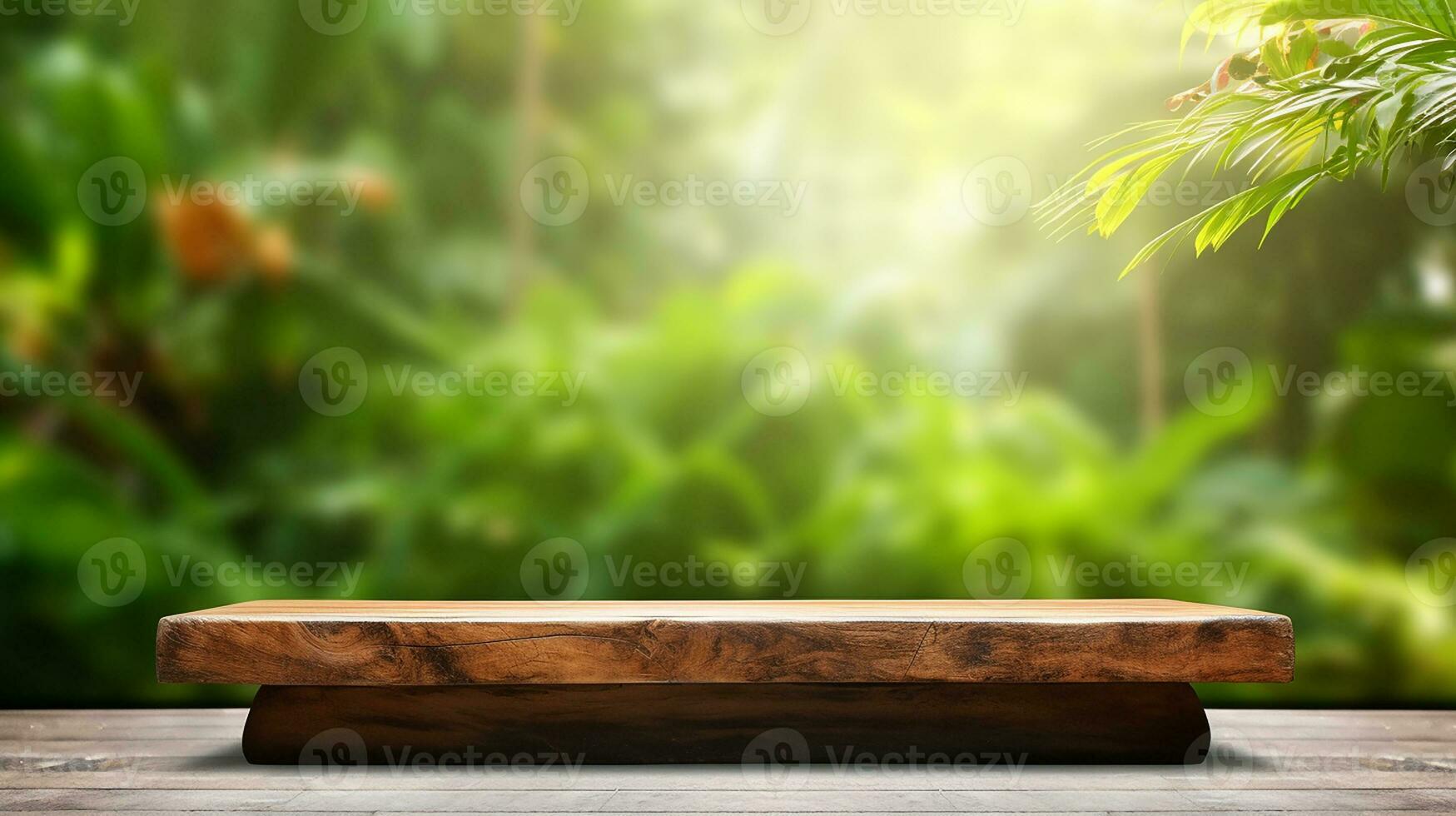 AI generated wooden product display podium with blurred nature leaves background Minimal scene for product display presentation photo