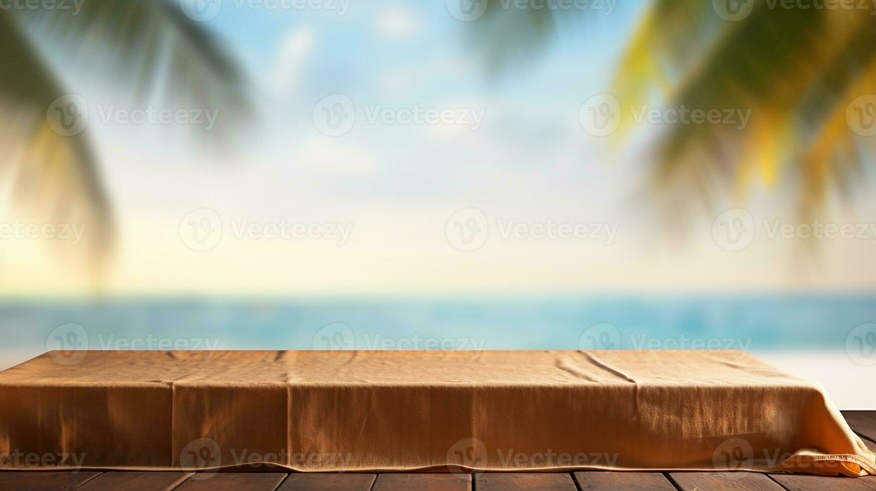 AI generated 3d rendered empty display wooden podium on the water Minimal scene for product display presentation photo