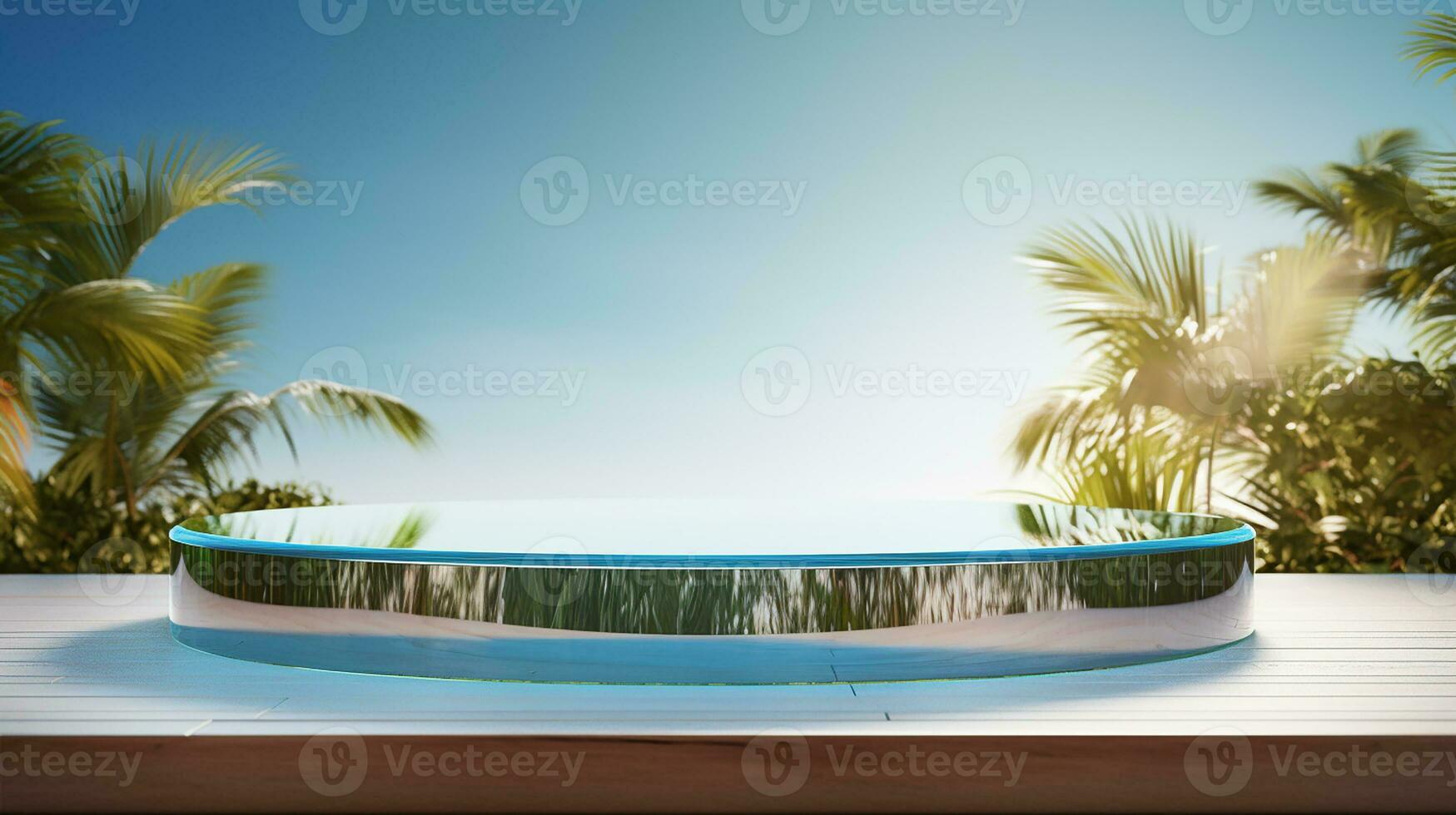 AI generated 3d rendered empty display glass podium on the water Minimal scene for product display presentation photo