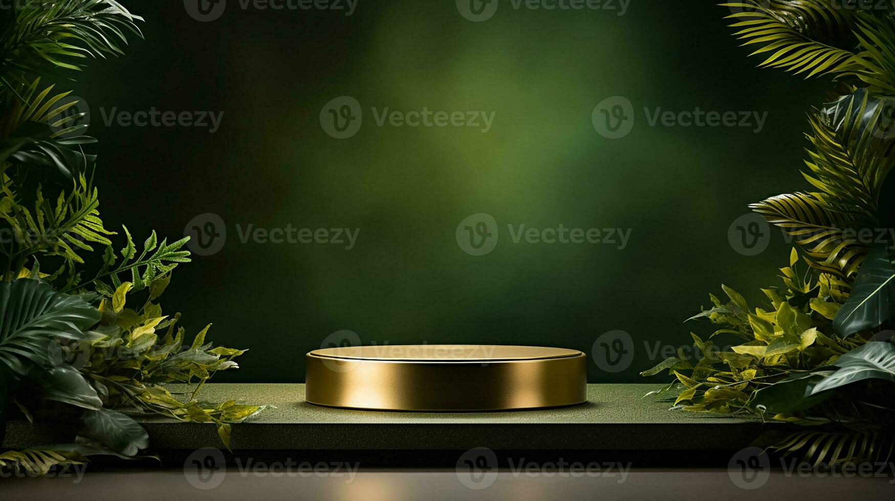 AI generated 3d rendered empty display elegant luxury green and gold theme podium with leaves Minimal scene for product display presentation photo