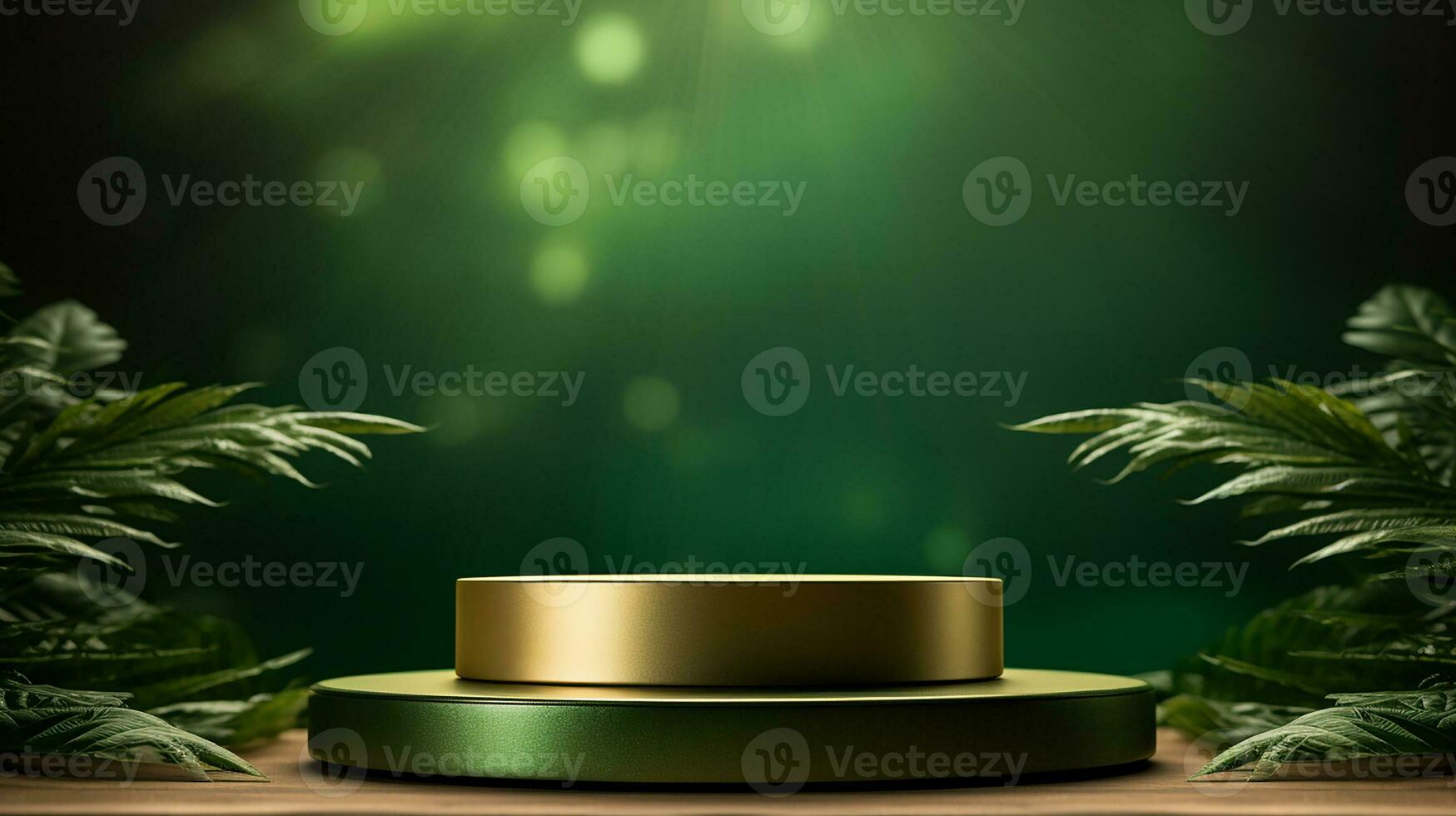 AI generated 3d rendered empty display elegant luxury green and gold theme podium with leaves Minimal scene for product display presentation photo