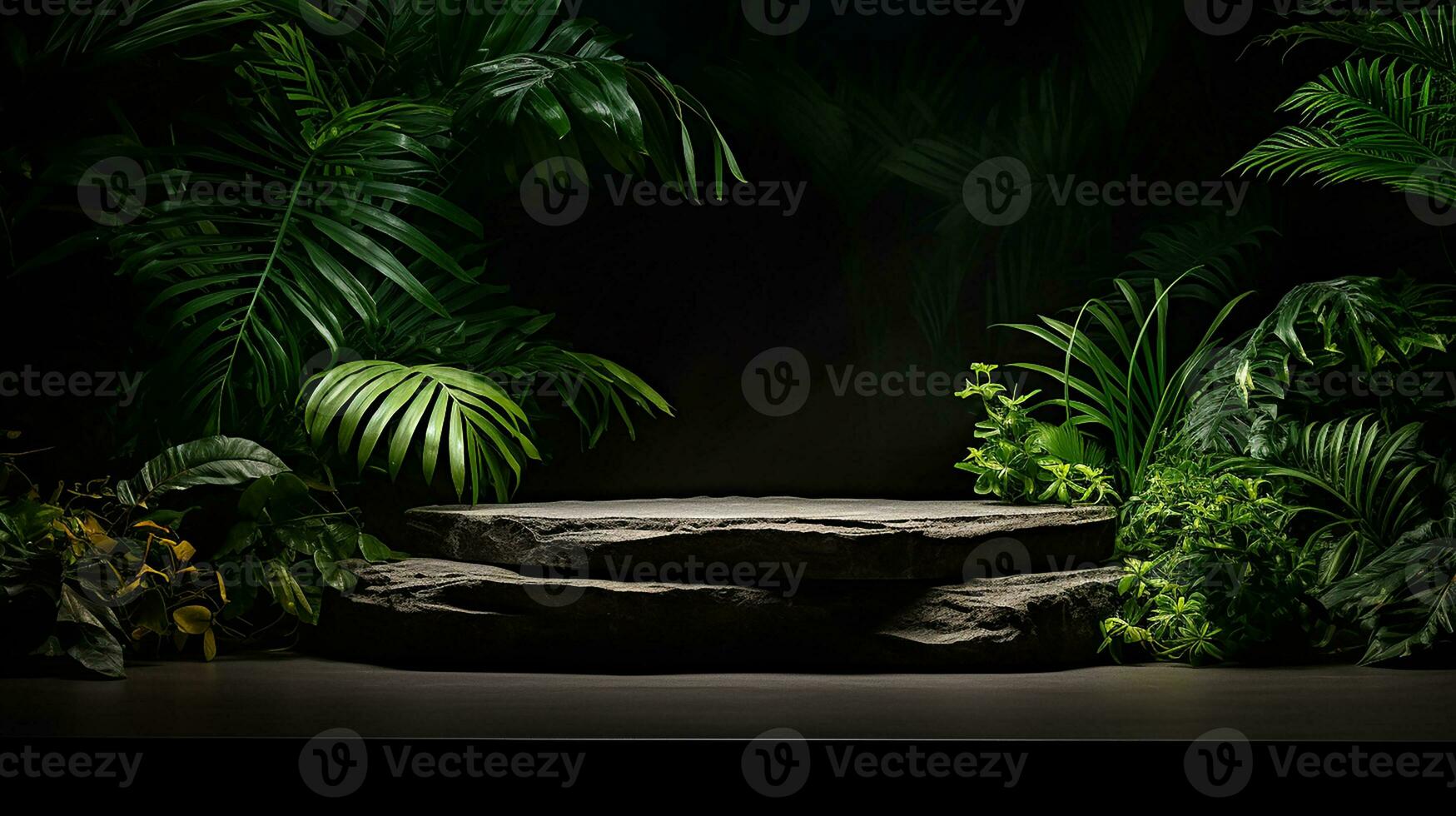 AI generated 3d rendered black empty Luxury natural stone podium with leaves for showing packaging and product on black background, copy space photo