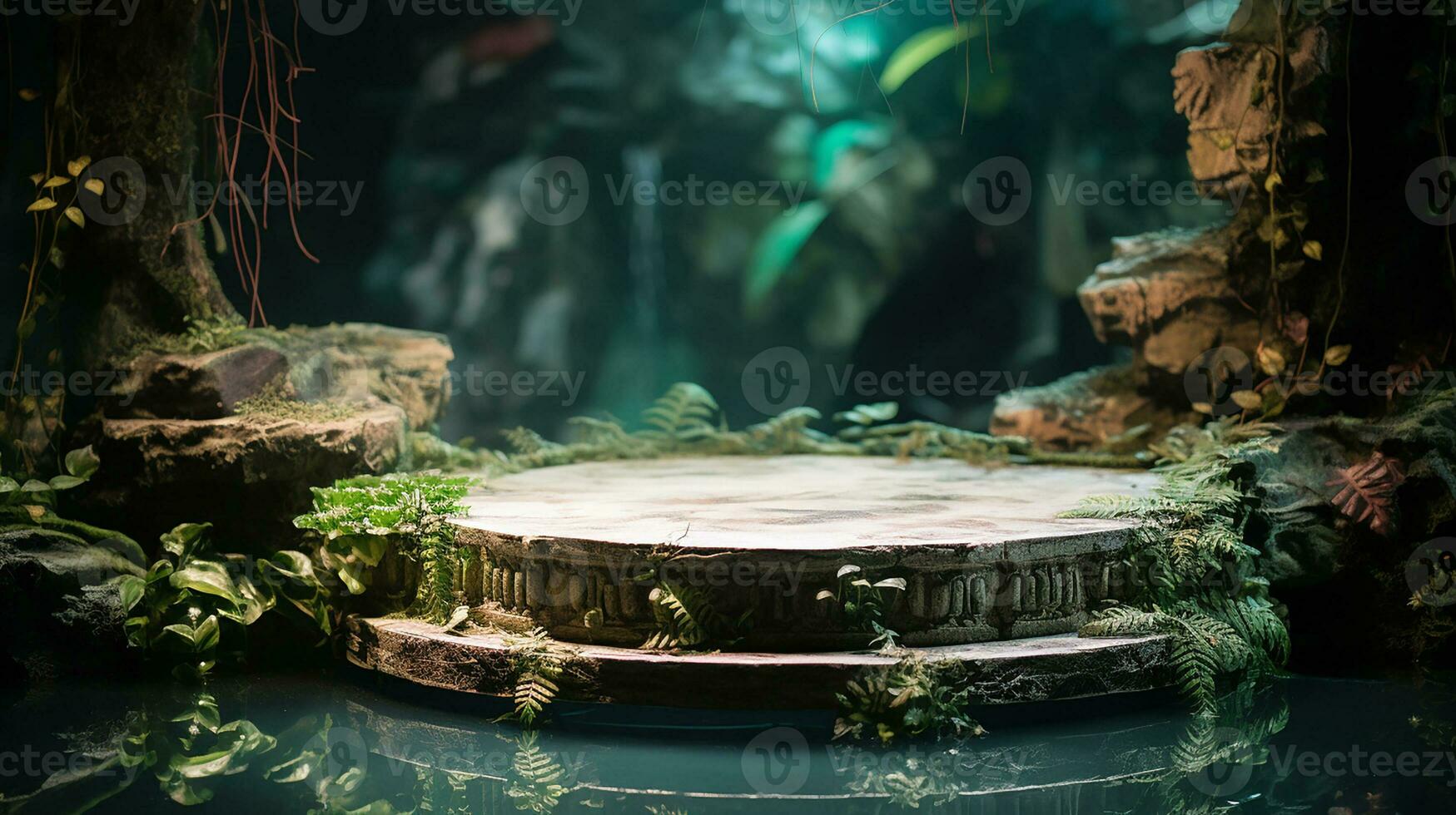 AI generated jungle product display podium or stage product showcase mock up Minimal scene for product display presentation photo