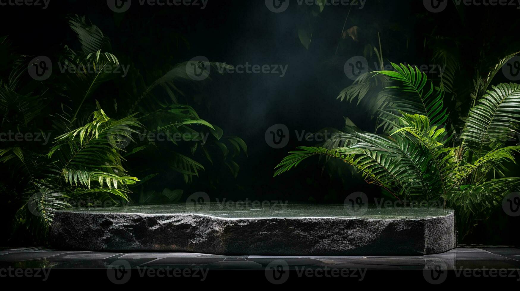 AI generated 3d rendered black empty Luxury natural stone podium with leaves for showing packaging and product on black background, copy space photo