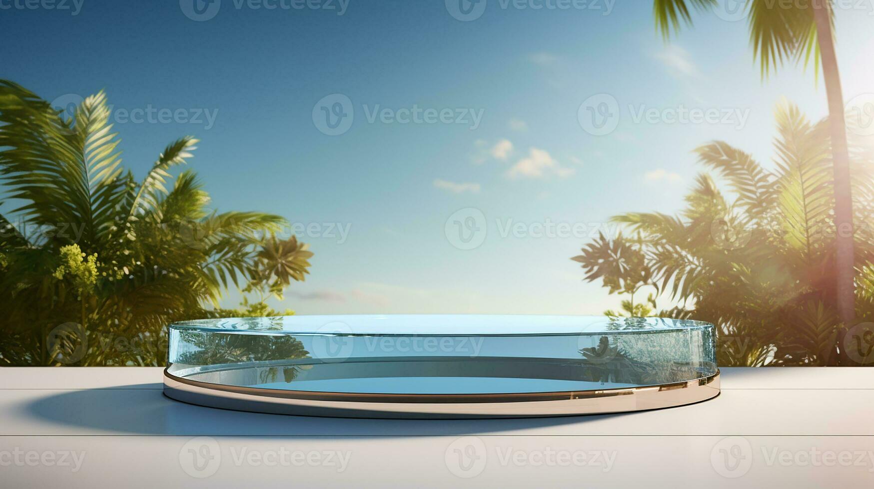 AI generated 3d rendered empty display glass podium on the water Minimal scene for product display presentation photo