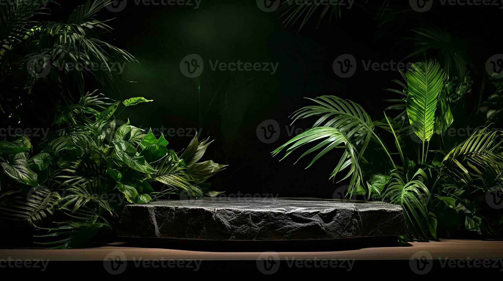 AI generated 3d rendered black empty Luxury natural stone podium with leaves for showing packaging and product on black background, copy space photo