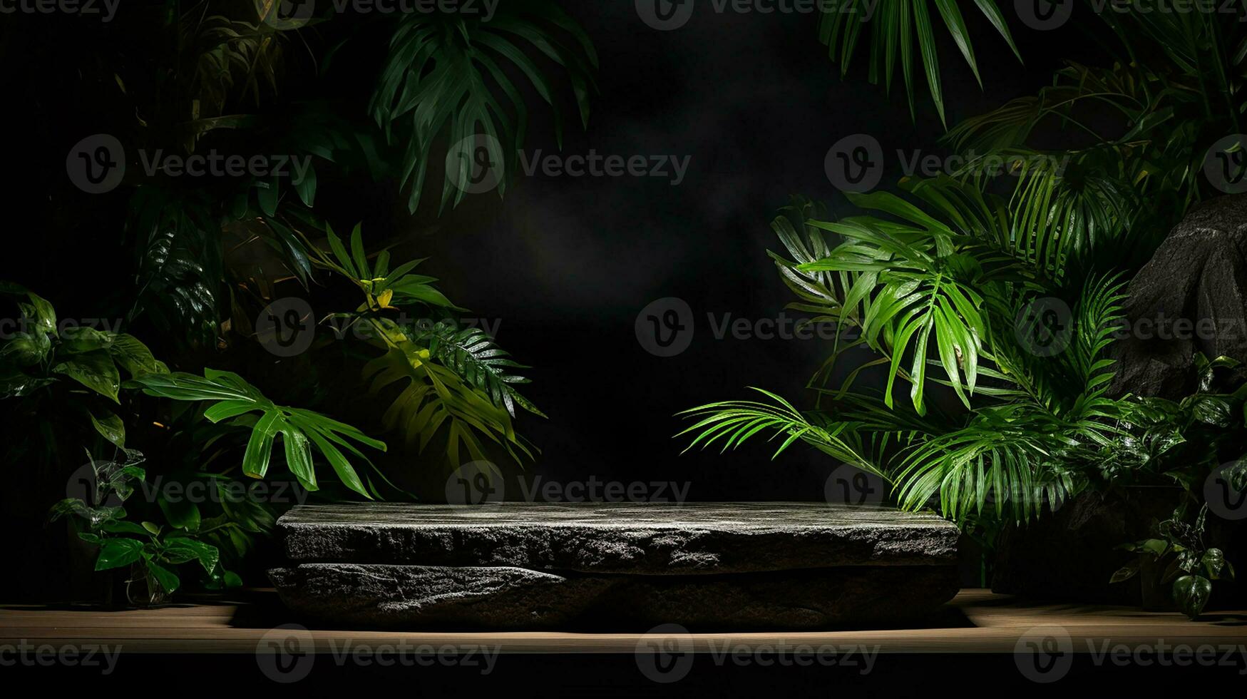 AI generated 3d rendered black empty Luxury natural stone podium with leaves for showing packaging and product on black background, copy space photo