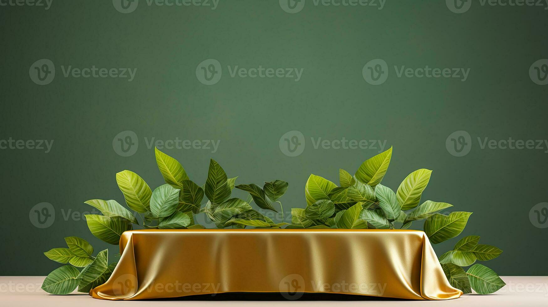 AI generated 3d rendered empty display elegant luxury green and gold theme podium with leaves Minimal scene for product display presentation photo