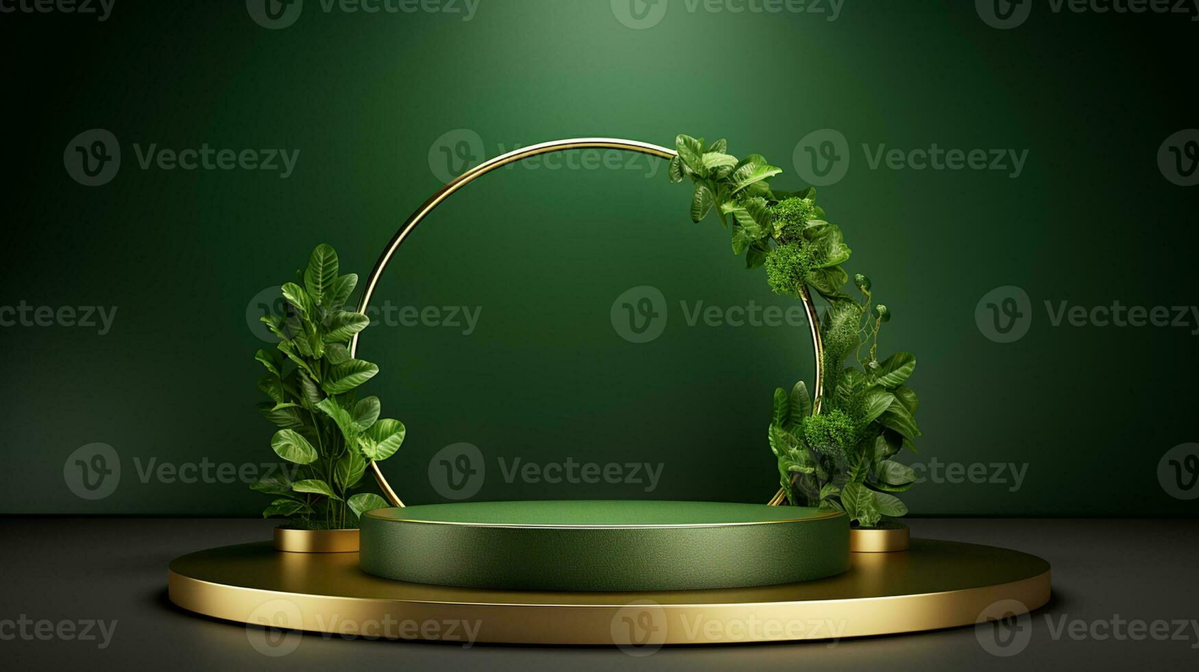 AI generated 3d rendered empty display elegant luxury green and gold theme podium with leaves Minimal scene for product display presentation photo