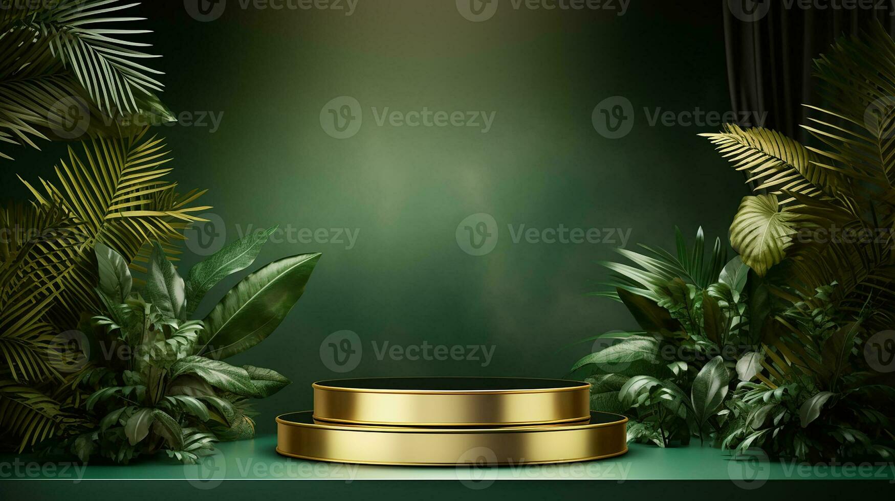 AI generated 3d rendered empty display elegant luxury green and gold theme podium with leaves Minimal scene for product display presentation photo