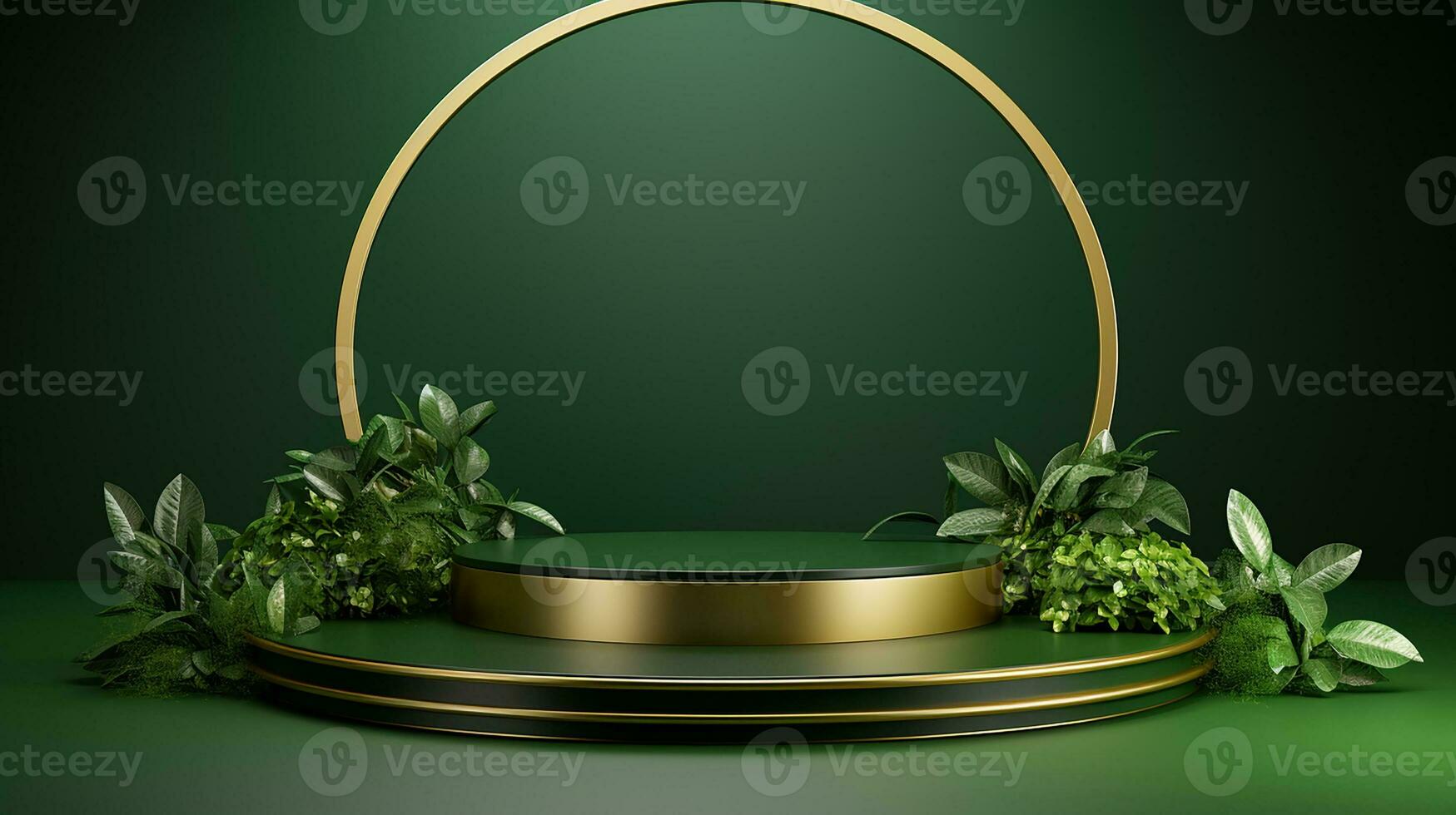 AI generated 3d rendered empty display elegant luxury green and gold theme podium with leaves Minimal scene for product display presentation photo