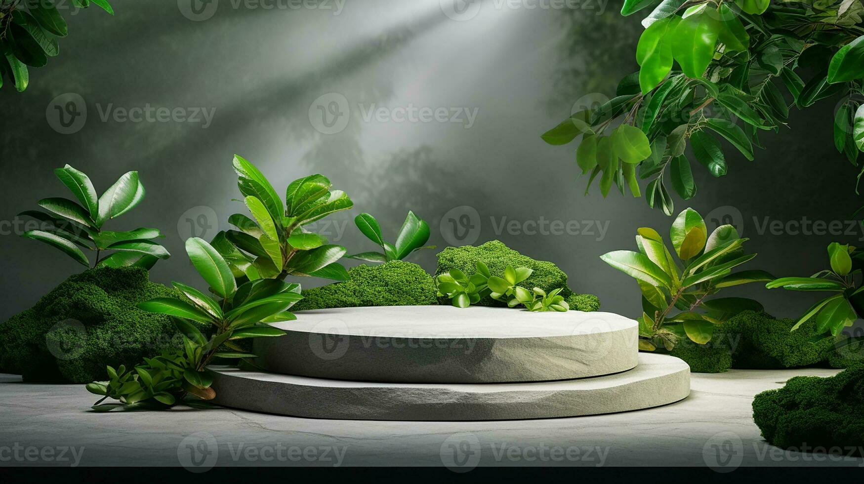 AI generated 3d rendered stone empty display podium with leaves Minimal scene for product display presentation photo