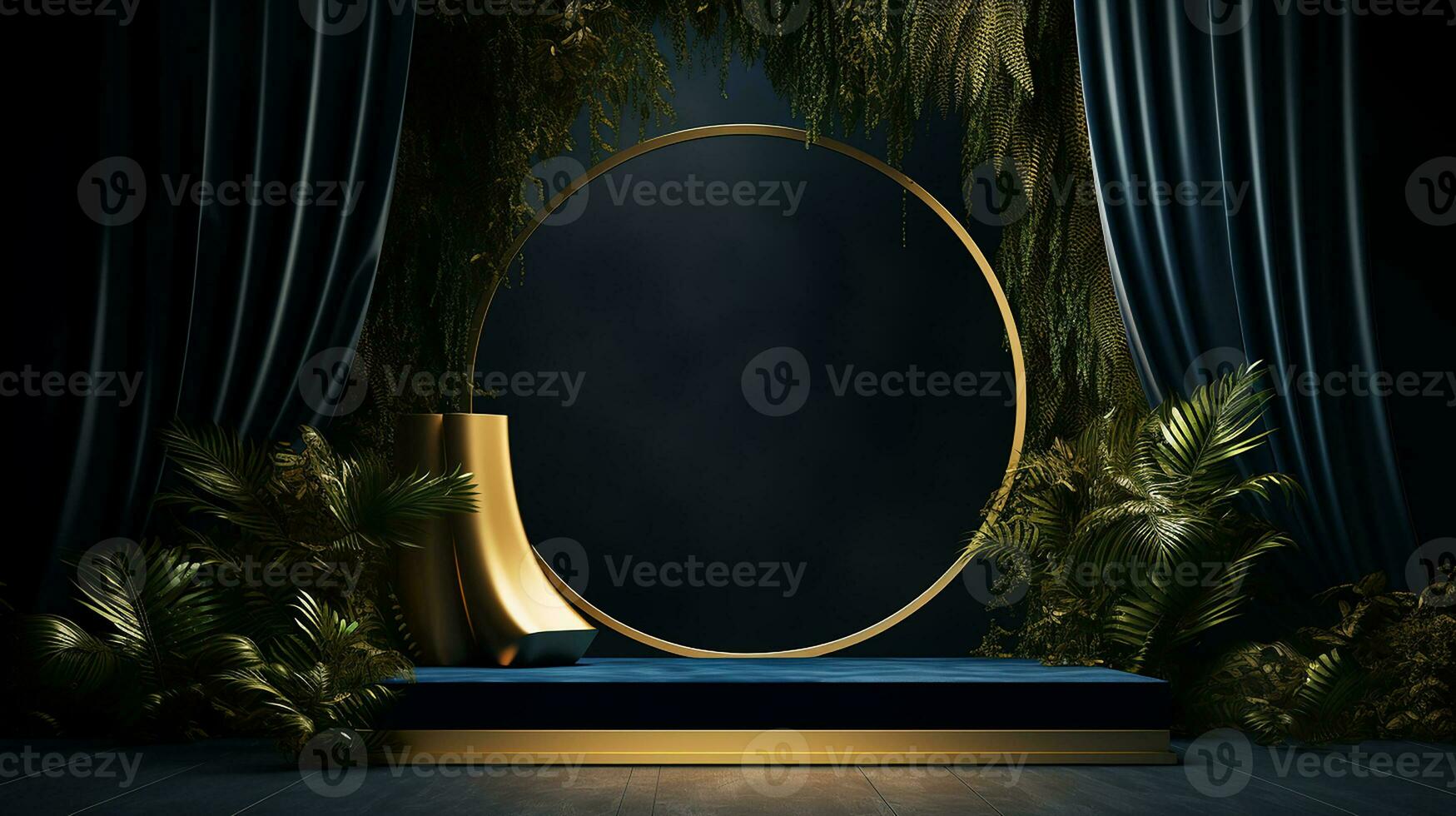 AI generated 3d rendered empty display blue and golden podium Minimal scene for product display presentation photo