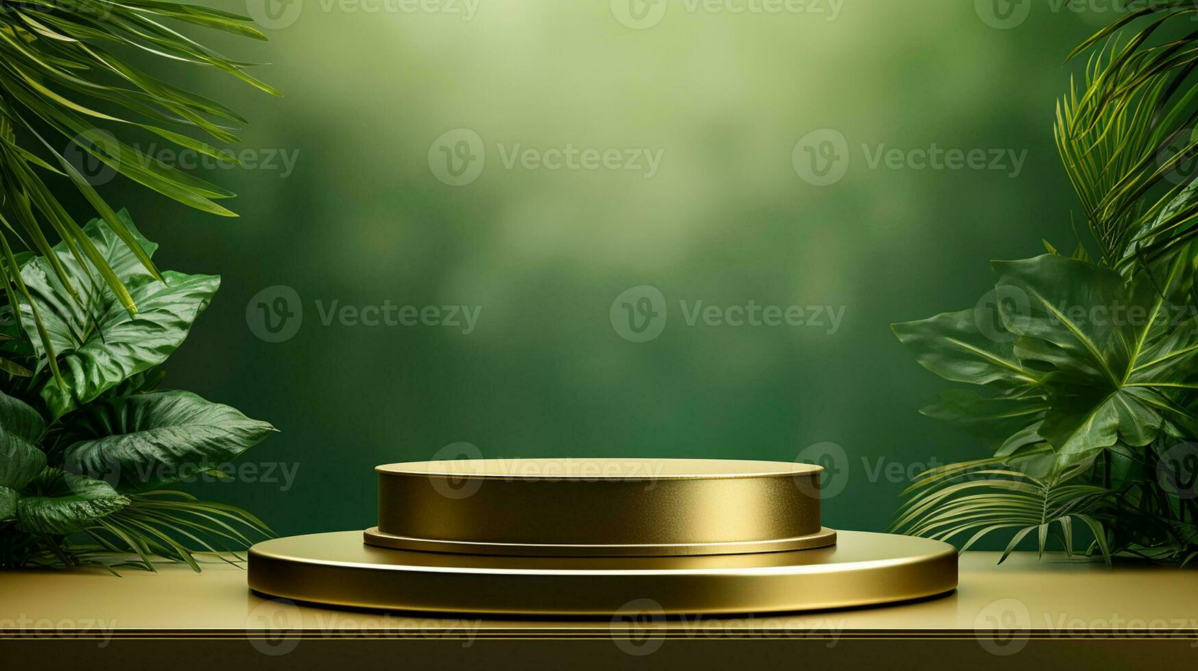 AI generated 3d rendered empty display elegant luxury green and gold theme podium with leaves Minimal scene for product display presentation photo