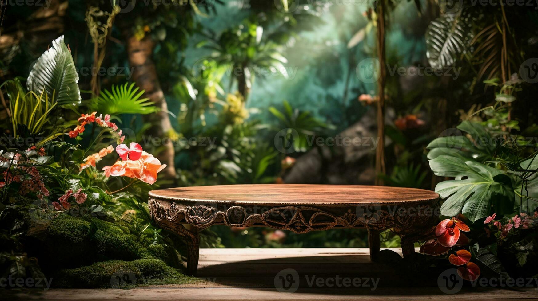 AI generated podium product display in jungle or stage product showcase mock up Minimal scene for product display presentation photo