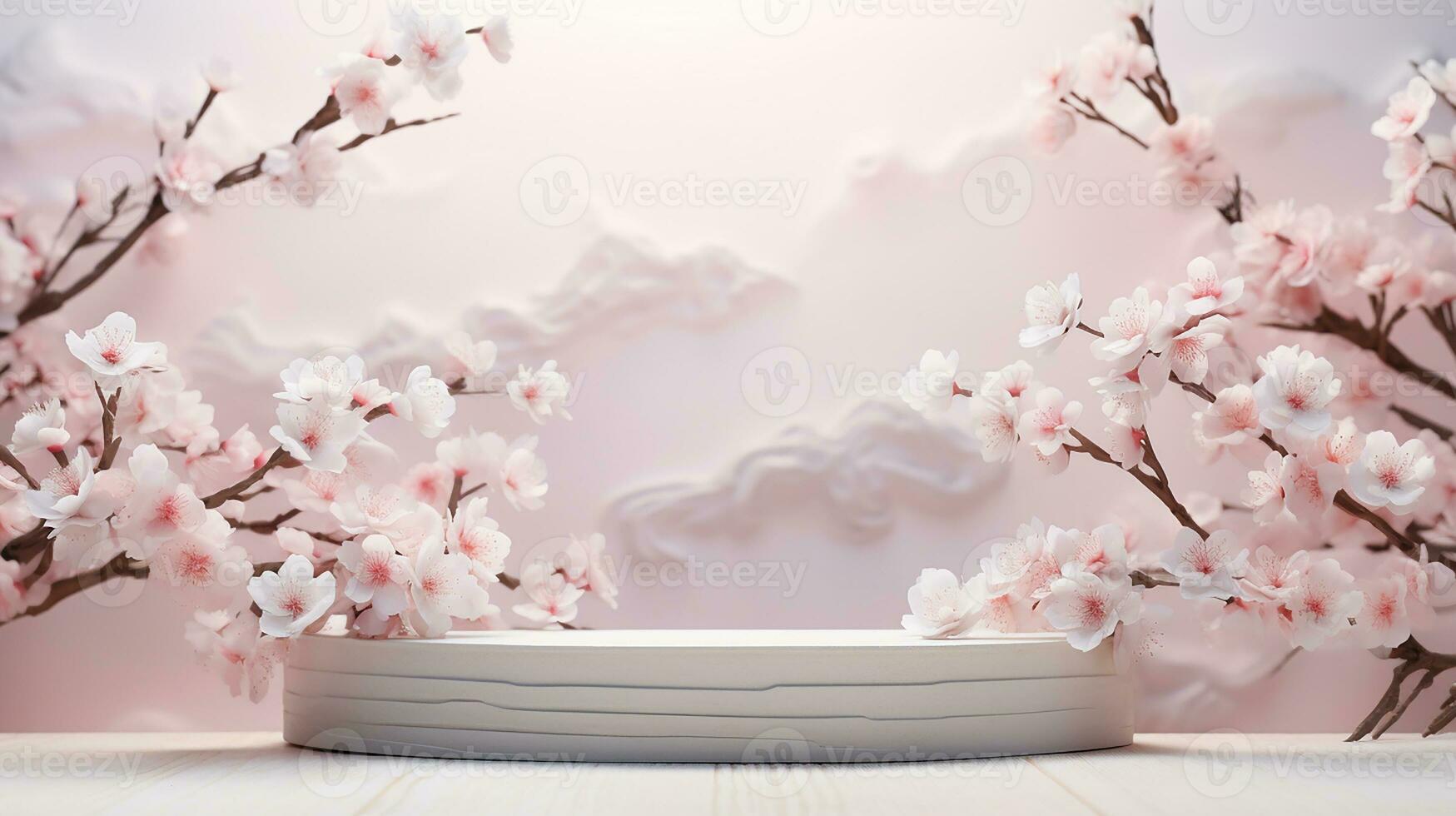 AI generated empty natural stone podium with flowers for showing packaging and product on blurred background, copy space ,3d rendered photo