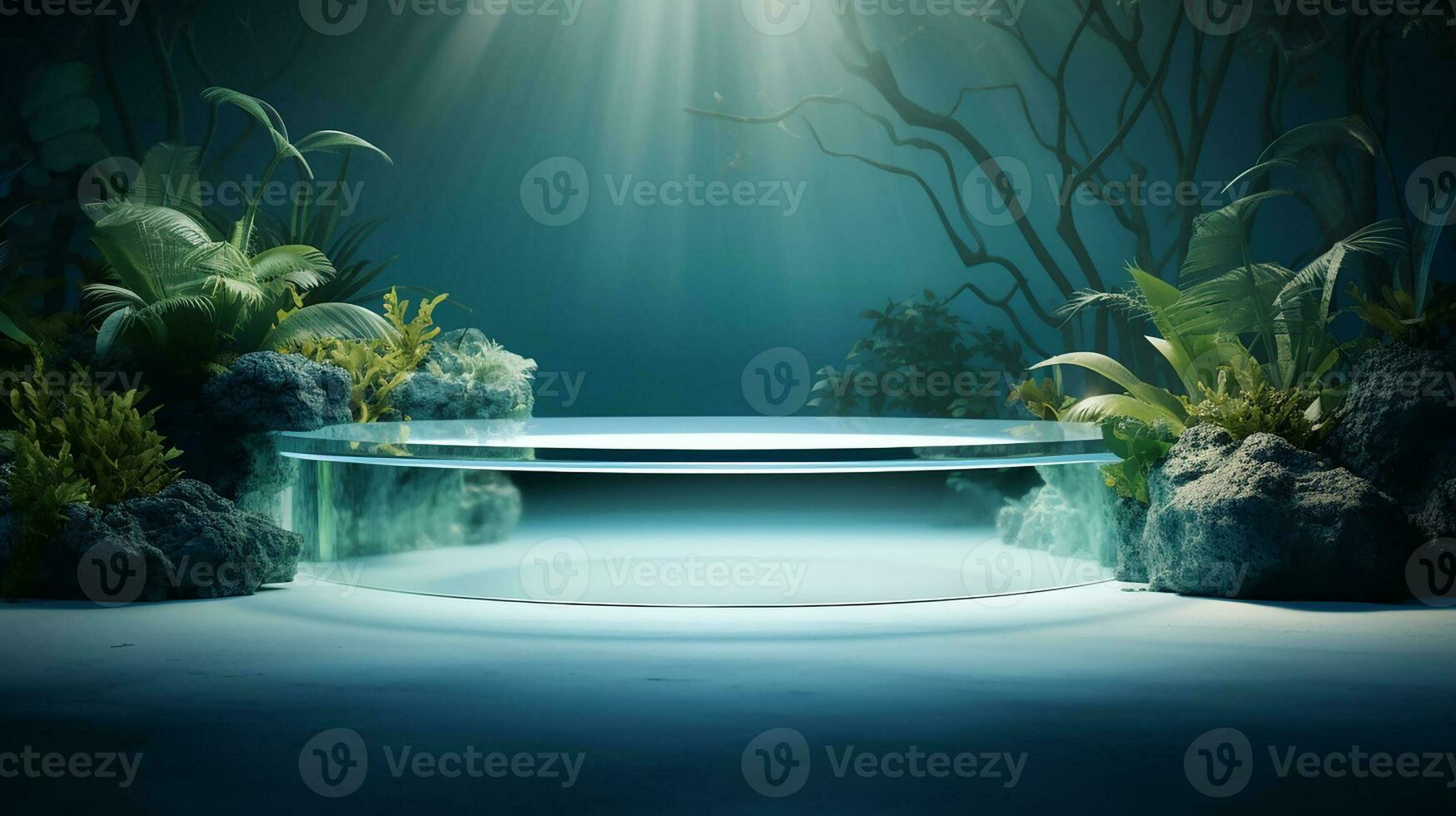 AI generated 3d rendered abstract empty display podium underwater made with stone Minimal scene for product display presentation photo