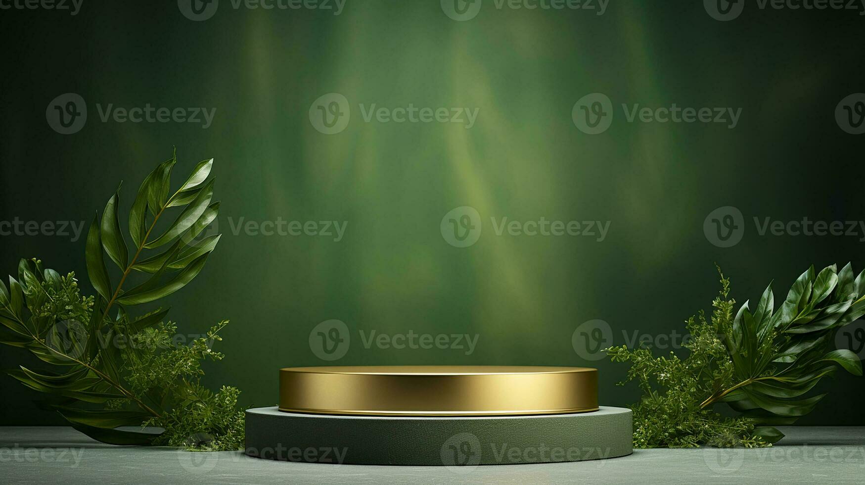 AI generated 3d rendered empty display elegant luxury green and gold theme podium with leaves Minimal scene for product display presentation photo