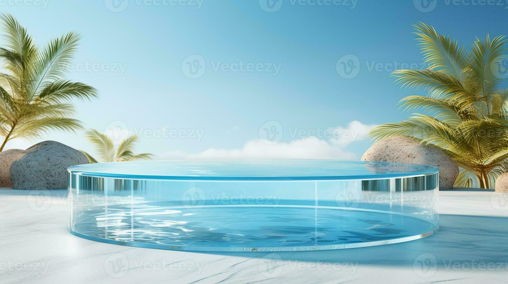 AI generated 3d rendered empty display glass podium on the water Minimal scene for product display presentation photo