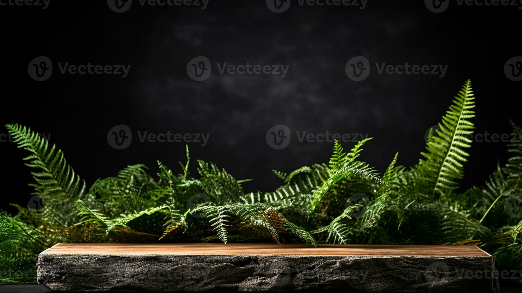 AI generated wooden product display podium with nature leaves background Minimal scene for product display presentation photo