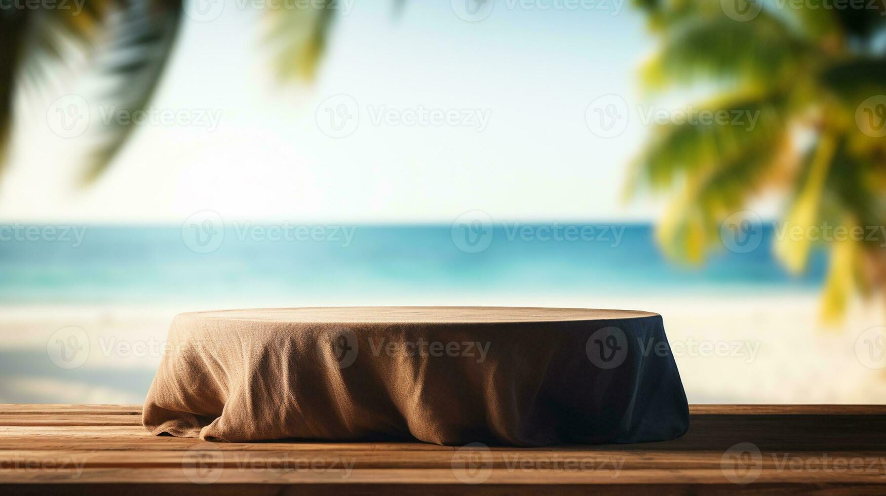 AI generated 3d rendered empty display wooden podium on the water Minimal scene for product display presentation photo