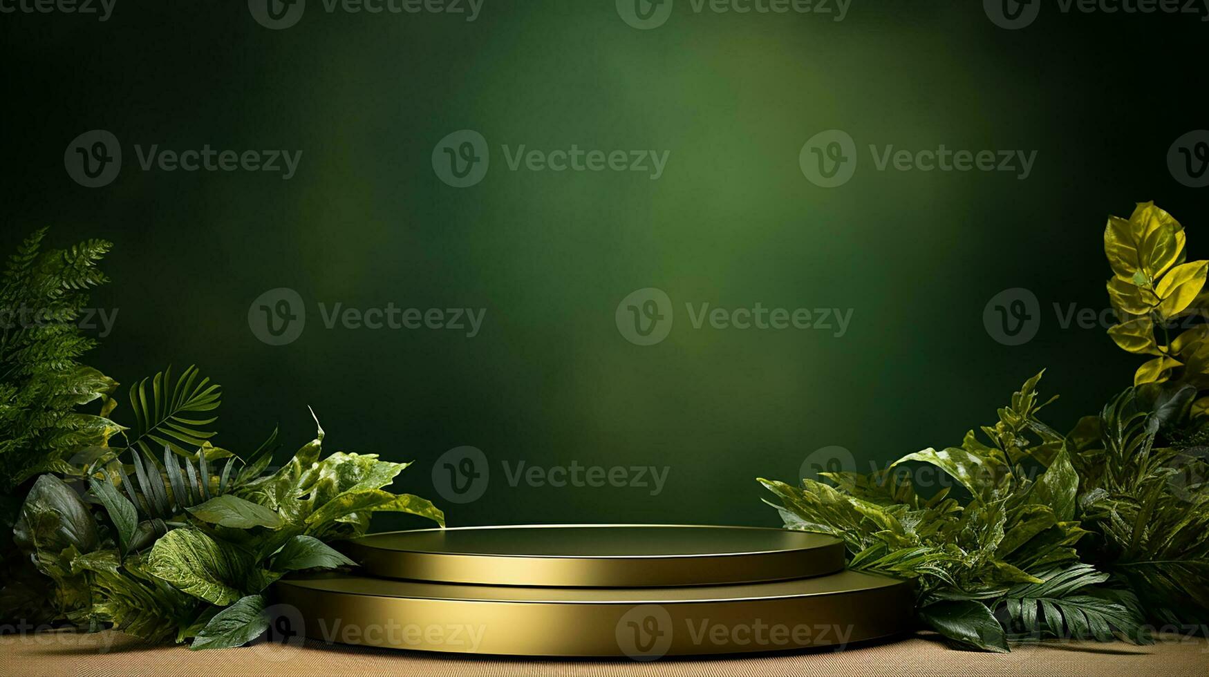 AI generated 3d rendered empty display elegant luxury green and gold theme podium with leaves Minimal scene for product display presentation photo