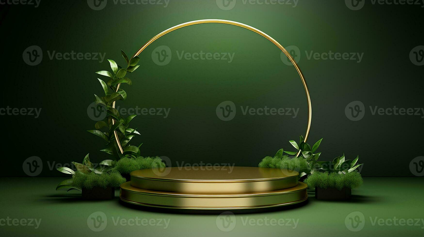 AI generated 3d rendered empty display elegant luxury green and gold theme podium with leaves Minimal scene for product display presentation photo