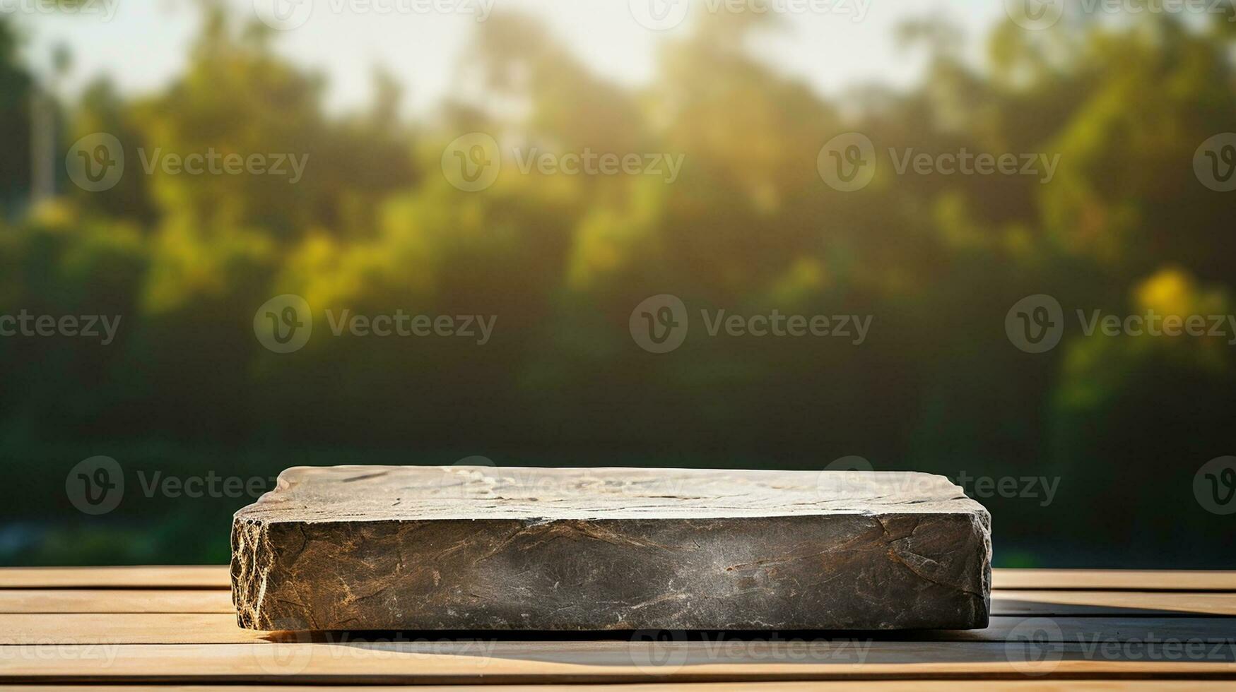 AI generated empty concrete natural stone podium for showing packaging and product on blurred background, copy space ,3d rendered photo