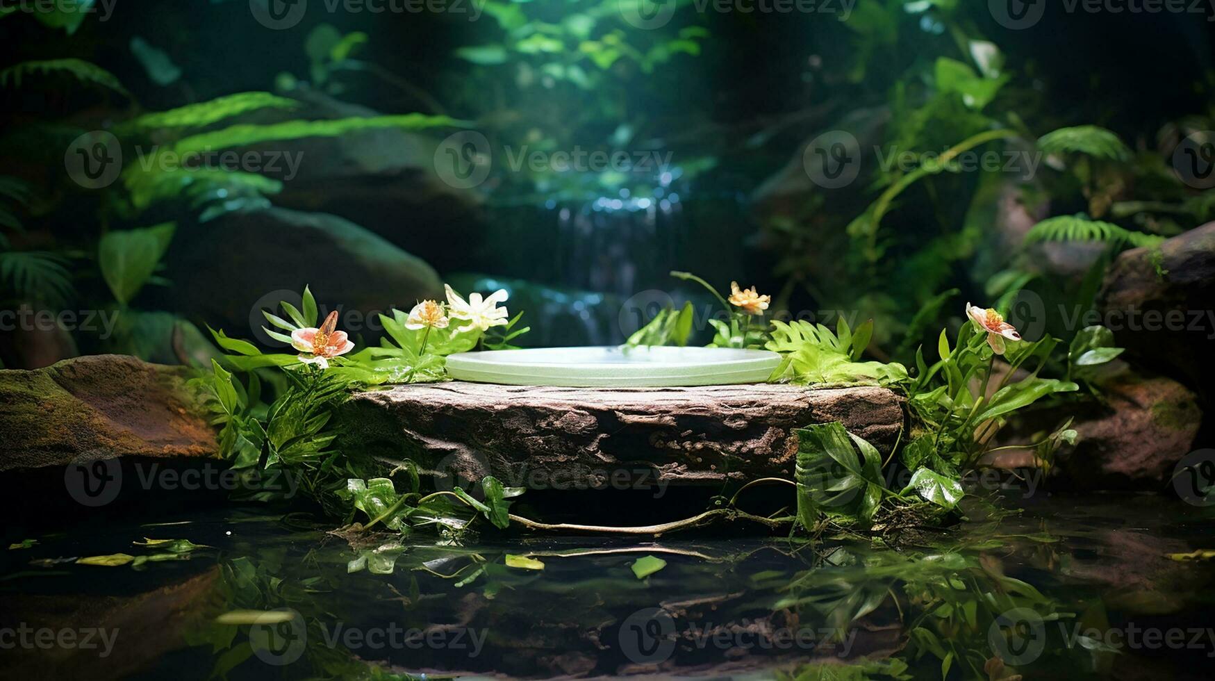 AI generated jungle product display podium or stage product showcase mock up Minimal scene for product display presentation photo