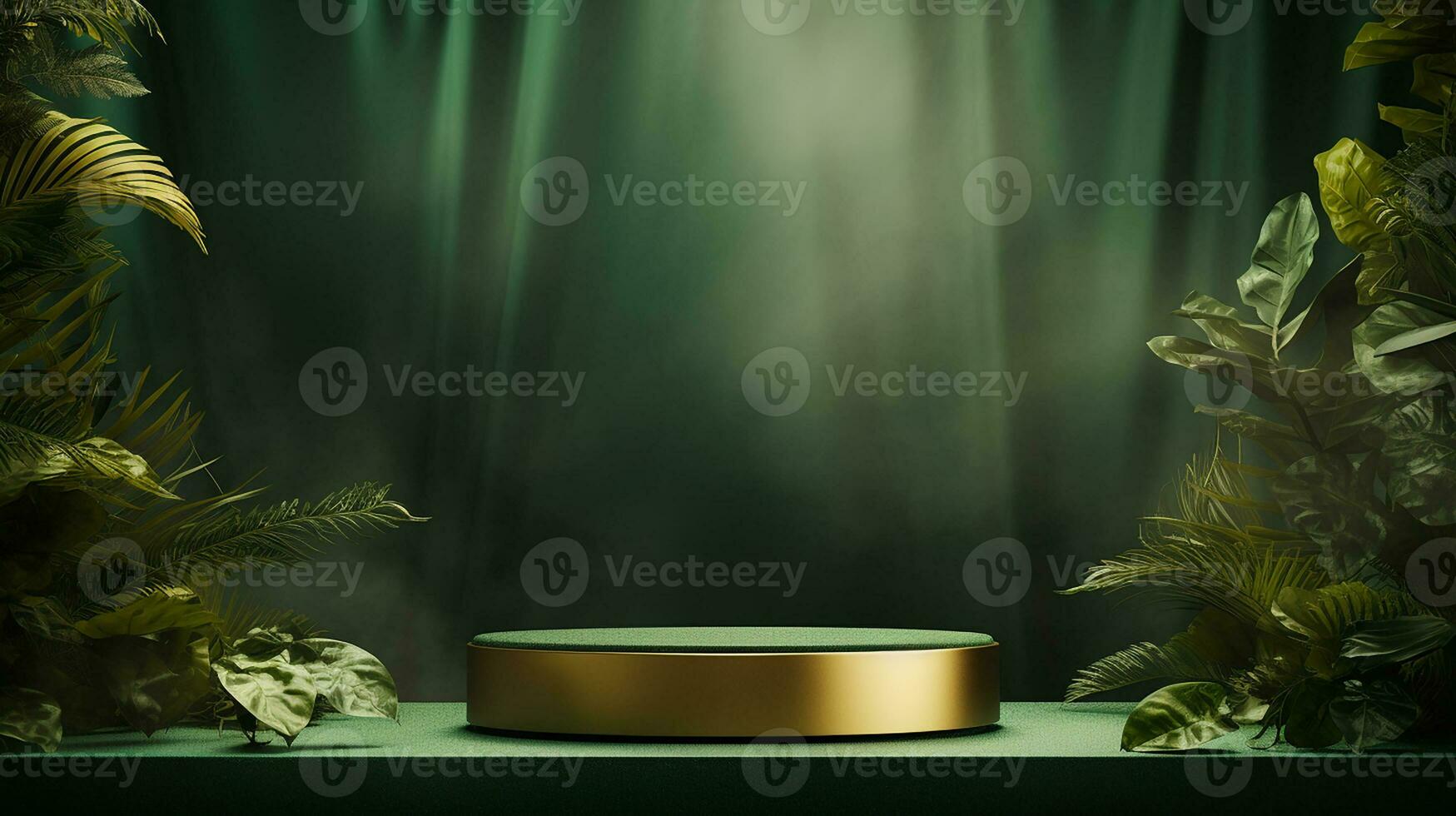 AI generated 3d rendered empty display elegant luxury green and gold theme podium with leaves Minimal scene for product display presentation photo