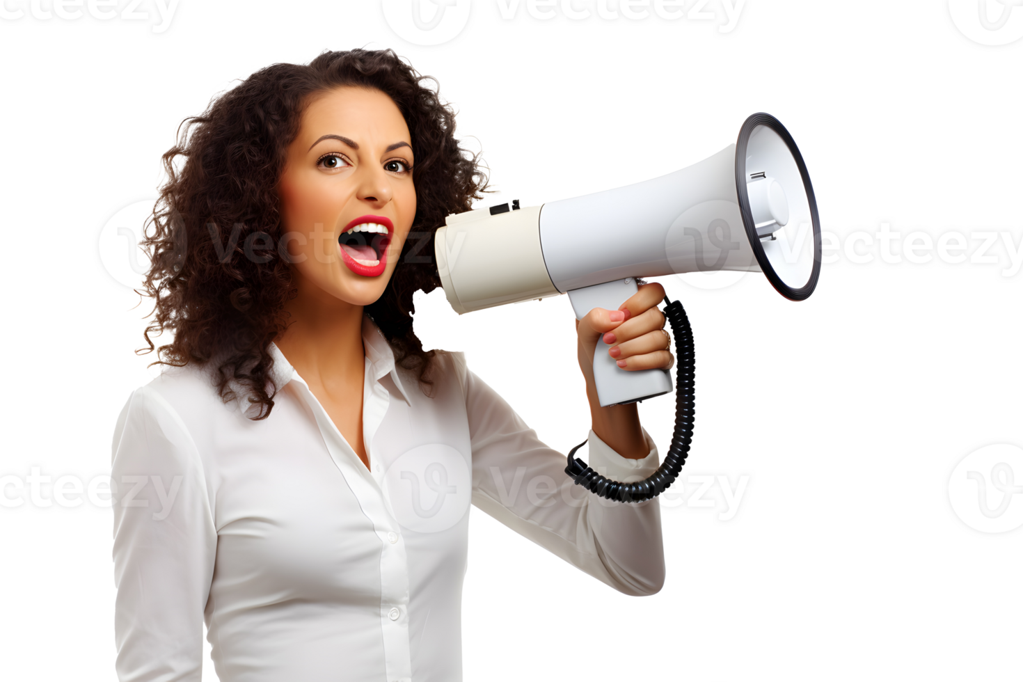 AI generated Photo of woman holds a bullhorn or loudspeaker in her hands. Without background png