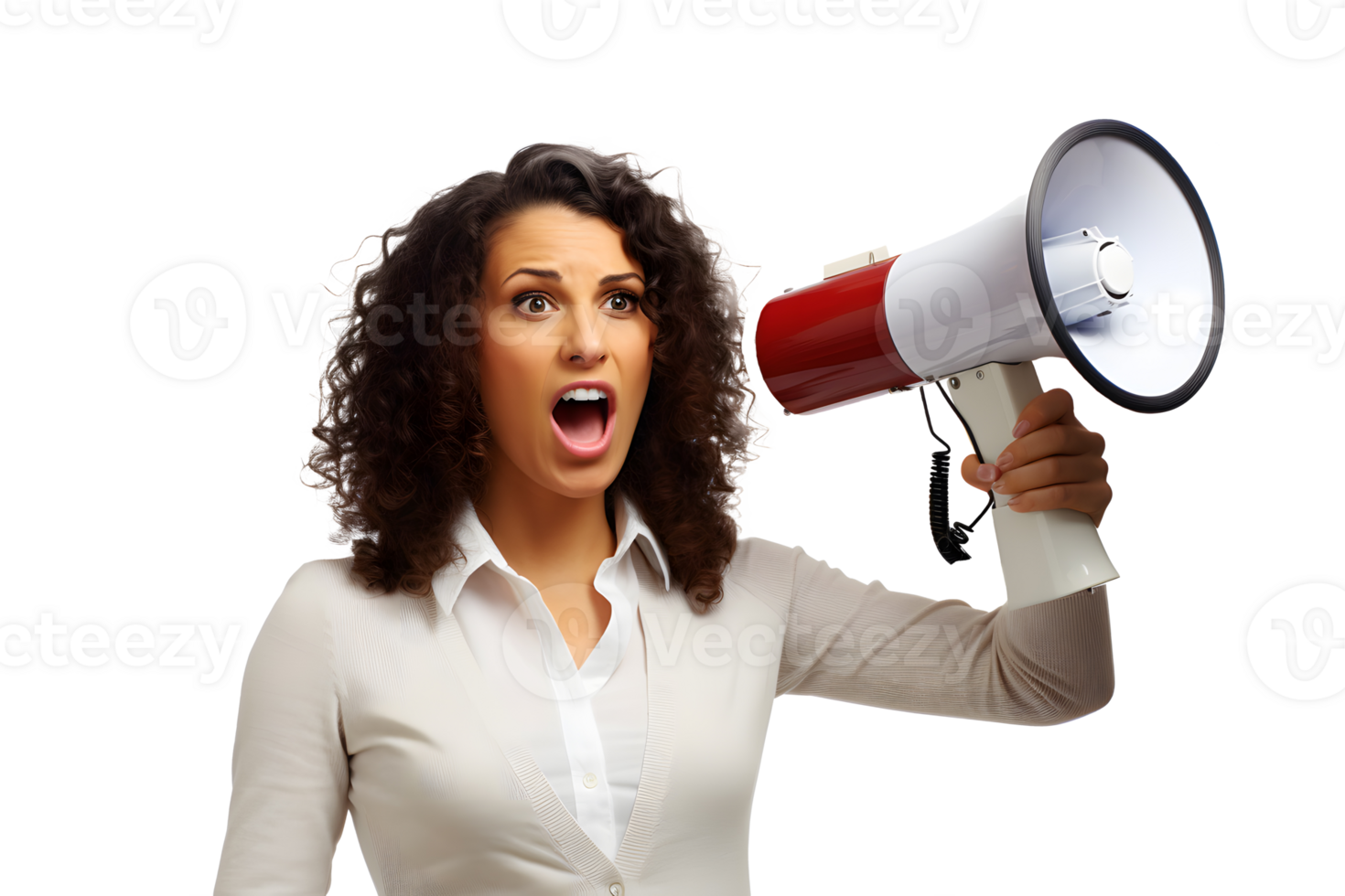 AI generated Photo of woman holds a bullhorn or loudspeaker in her hands. Without background png
