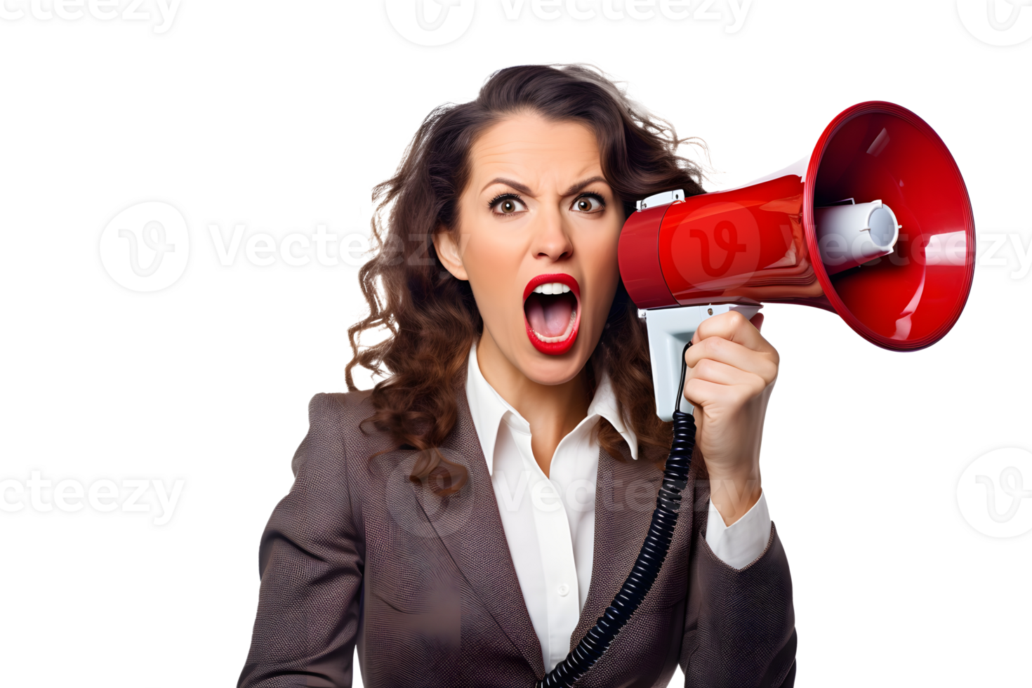 AI generated Photo of woman holds a bullhorn or loudspeaker in her hands. Without background png